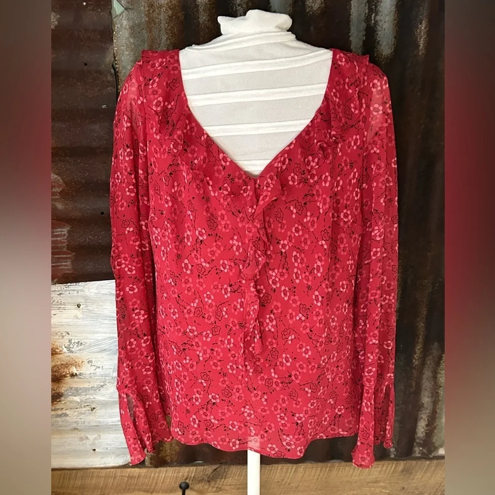 Ann Taylor LOFT Red Floral Silk Ruffle Blouse-Large - Picture 2 of 8